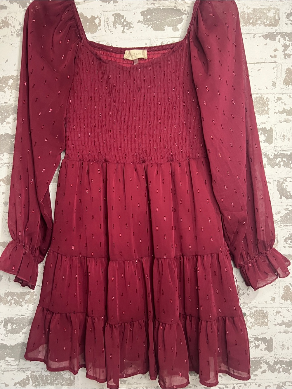 Altar'd State Wine Burgundy Smocked Tiered Mini Dress